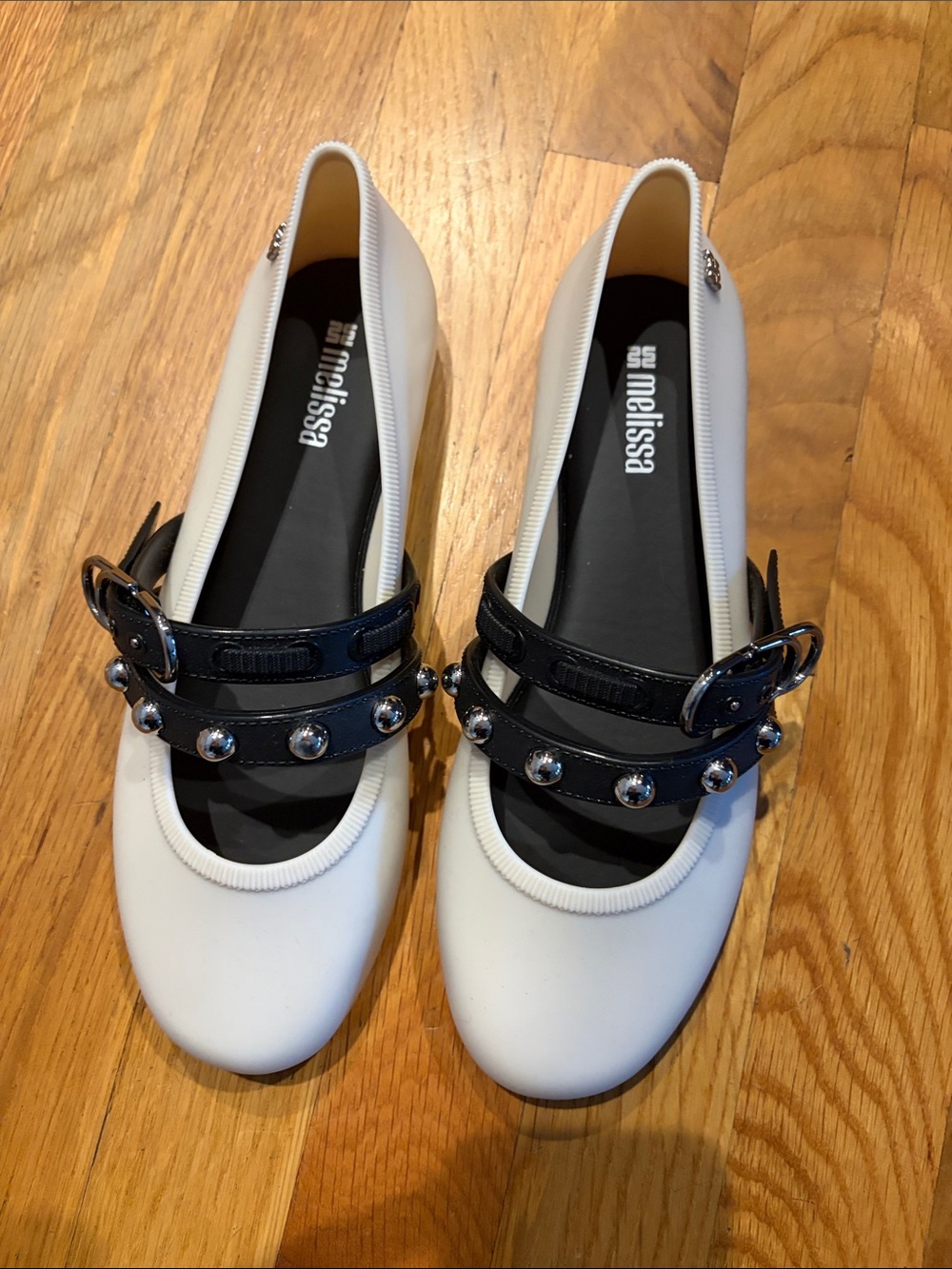 Melissa White Flats with Black Studded Straps